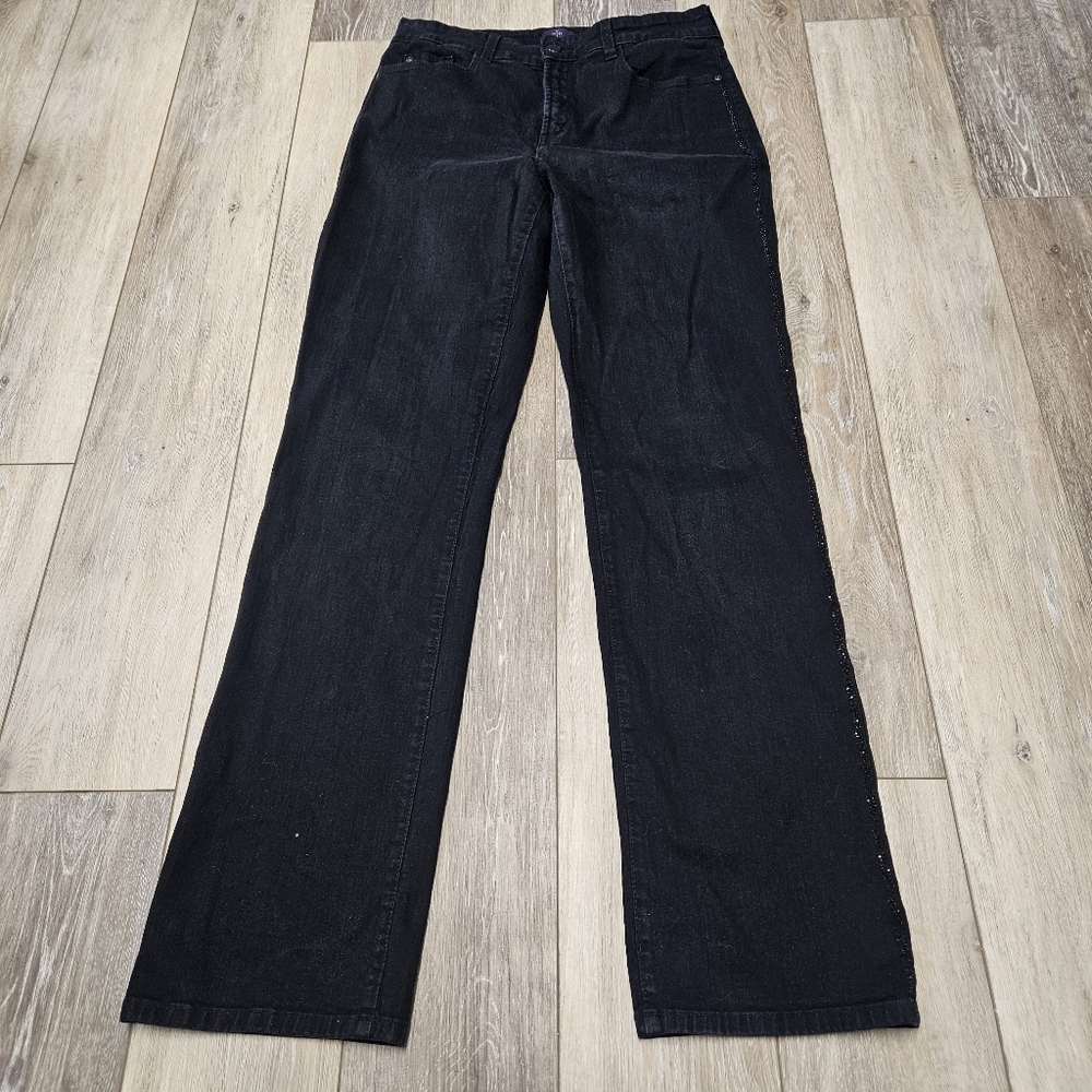 NYDJ Rhinestone Straight Leg Jeans Black Stretch Denim Women's 10 Lift Tuck Tech